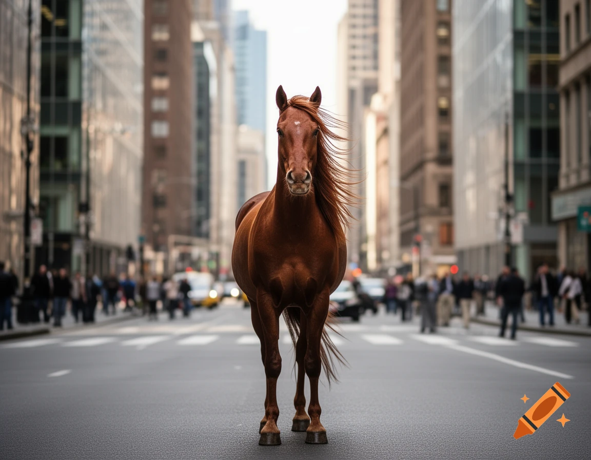 A photorealistic brown horse stands facing forward on a city street, with blurry skyscrapers and pedestrians in the background.