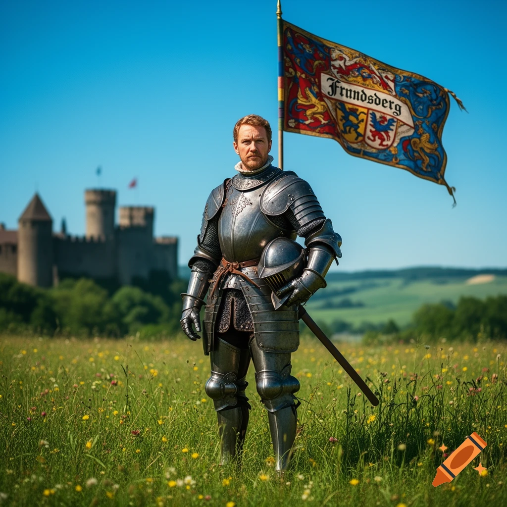 A photorealistic image of a knight in full armor standing in a grassy field, holding a helmet, with a castle and a 'Frundsberg' flag in the background.