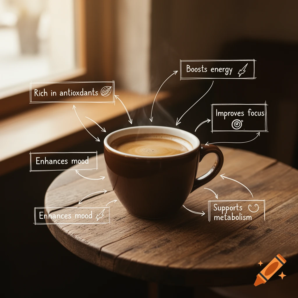 A steaming cup of coffee on a wooden table with hand-drawn annotations listing benefits like "Boosts energy" and "Enhances mood".