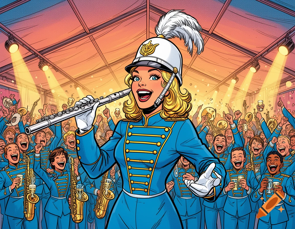 Colorful comic book illustration of a blonde woman in a blue marching band uniform playing a flute, surrounded by cheering musicians in a festival tent.
