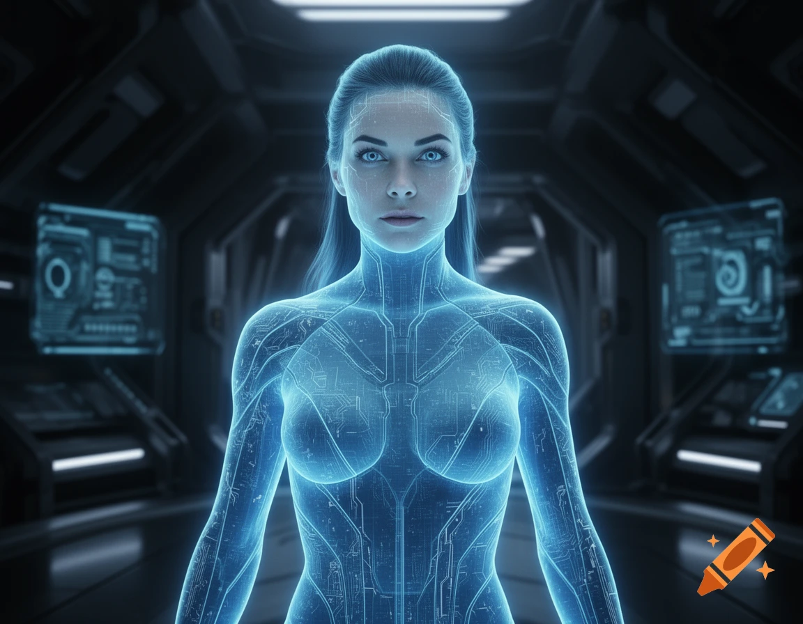 A glowing blue holographic woman with circuit patterns on her skin in a dark, futuristic sci-fi setting.