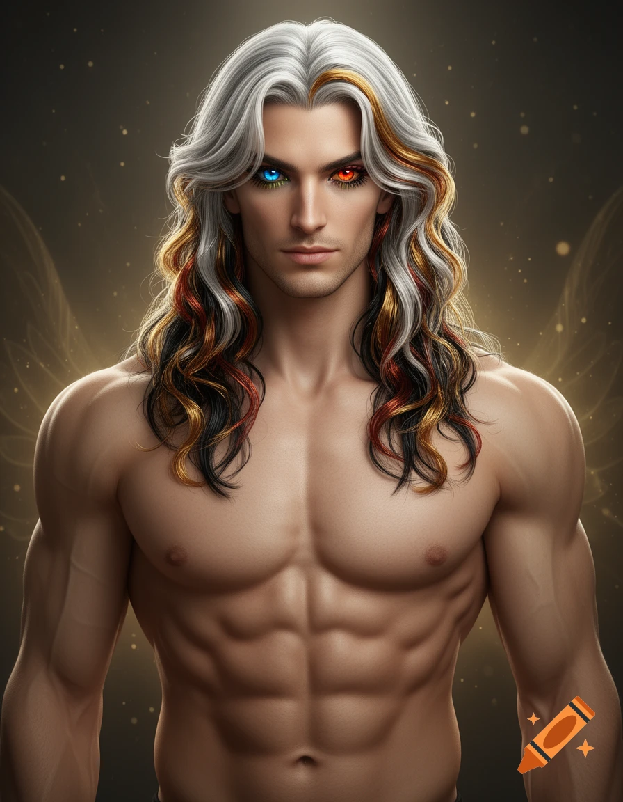 A hyperrealistic portrait of a muscular man with long flowing white, red, and gold hair and heterochromatic blue and red eyes.