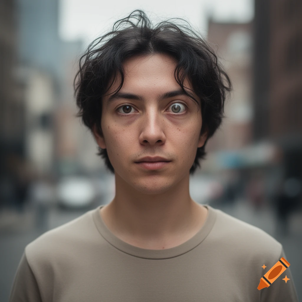 Close-up photorealistic portrait of a young man with heterochromia looking directly at the viewer, against a blurred city street background.