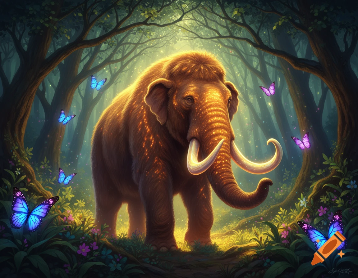 A majestic glowing mammoth stands in a vibrant, magical fantasy forest, surrounded by luminous blue and purple butterflies.