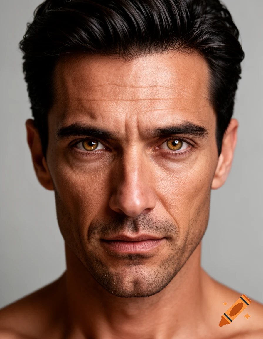 A close-up, photorealistic portrait of a man with dark hair and striking brown eyes, looking directly forward with a serious expression.