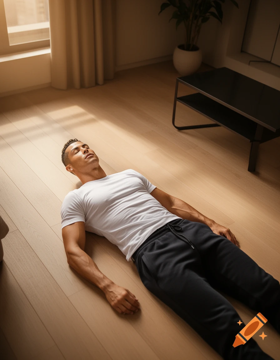 Cristiano Ronaldo lies on a light wooden floor with his eyes closed, wearing a white t-shirt and dark sweatpants, in a modern sunlit room.