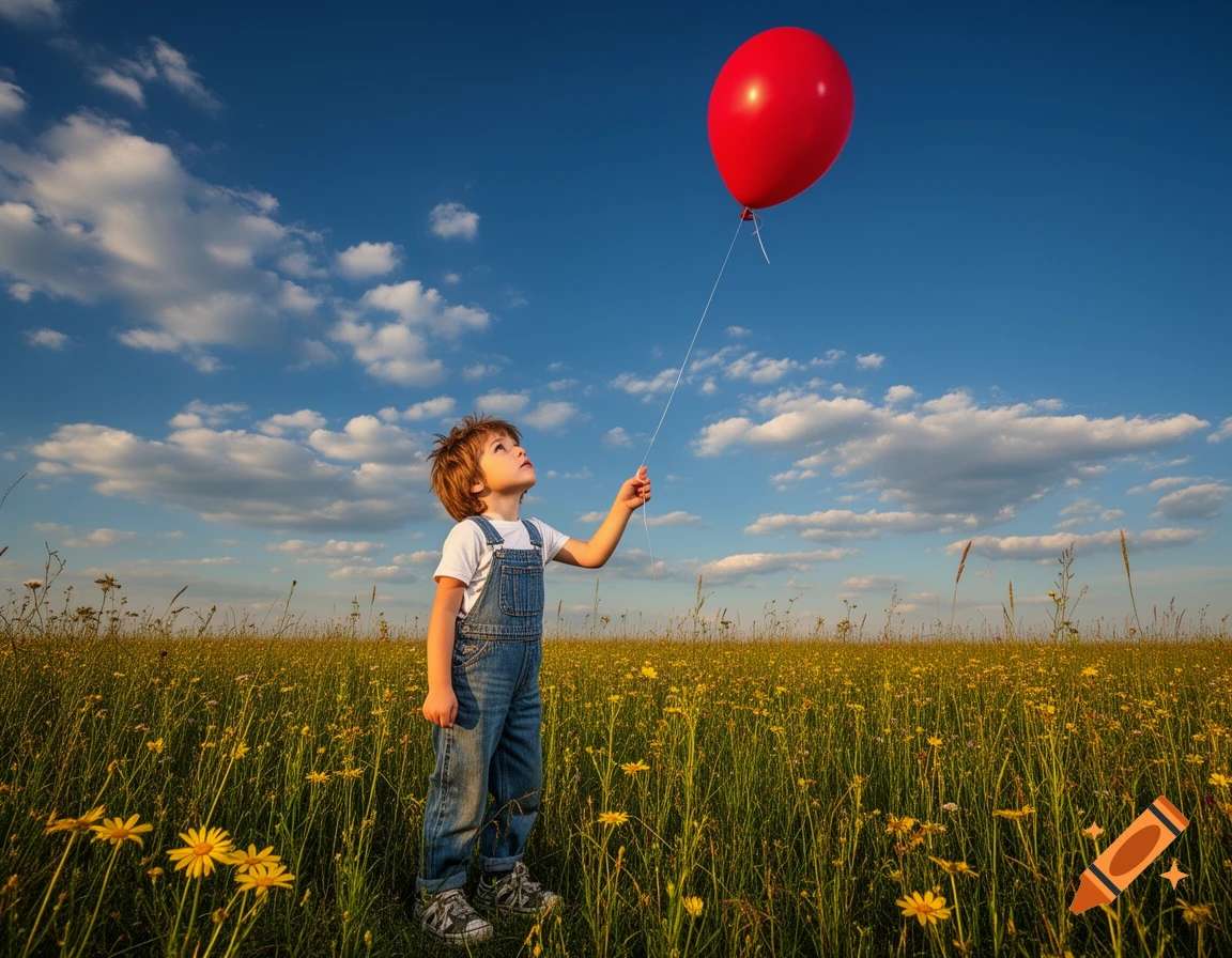 A small child in overalls looks up, holding a red balloon in a sunny field of yellow flowers under a blue sky.
