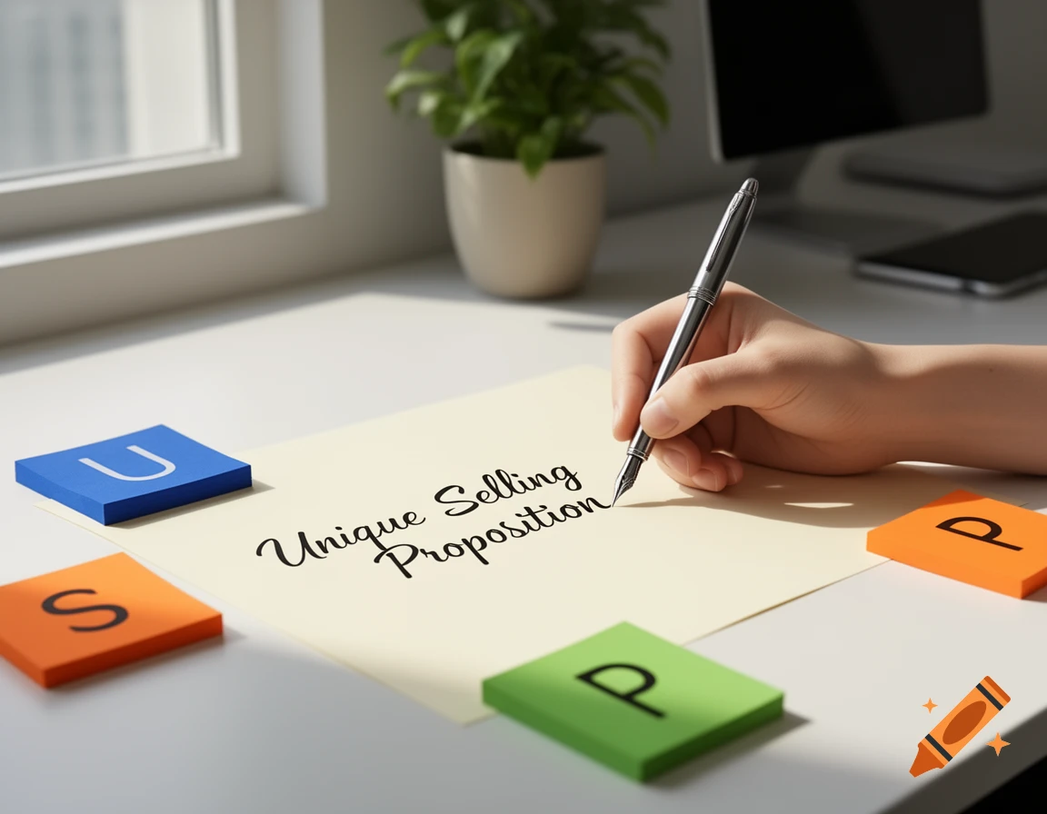 A hand writes 'Unique Selling Proposition' on a paper, with U, S, and P sticky notes on a desk in a sunlit office.