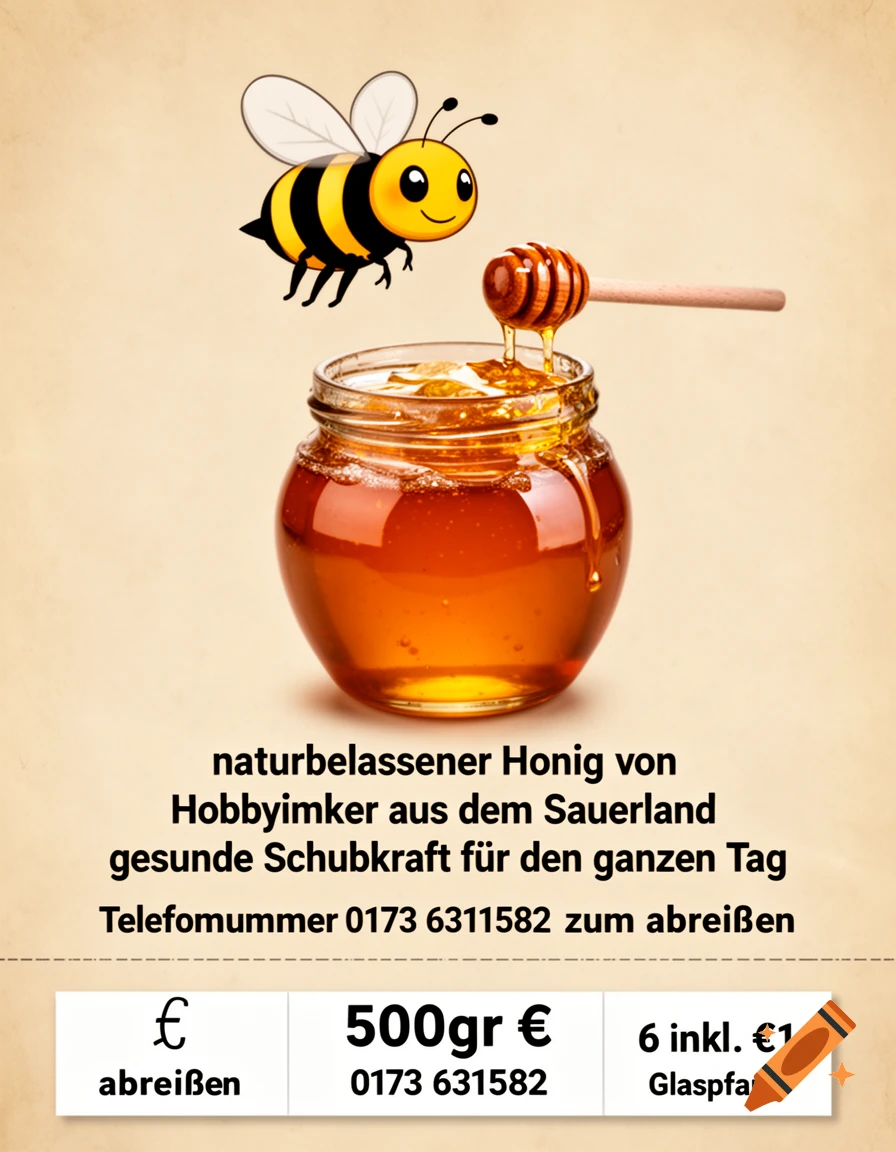 A cartoon bee flies above a honey jar with a dipper. German text below describes natural honey from a hobby beekeeper.
