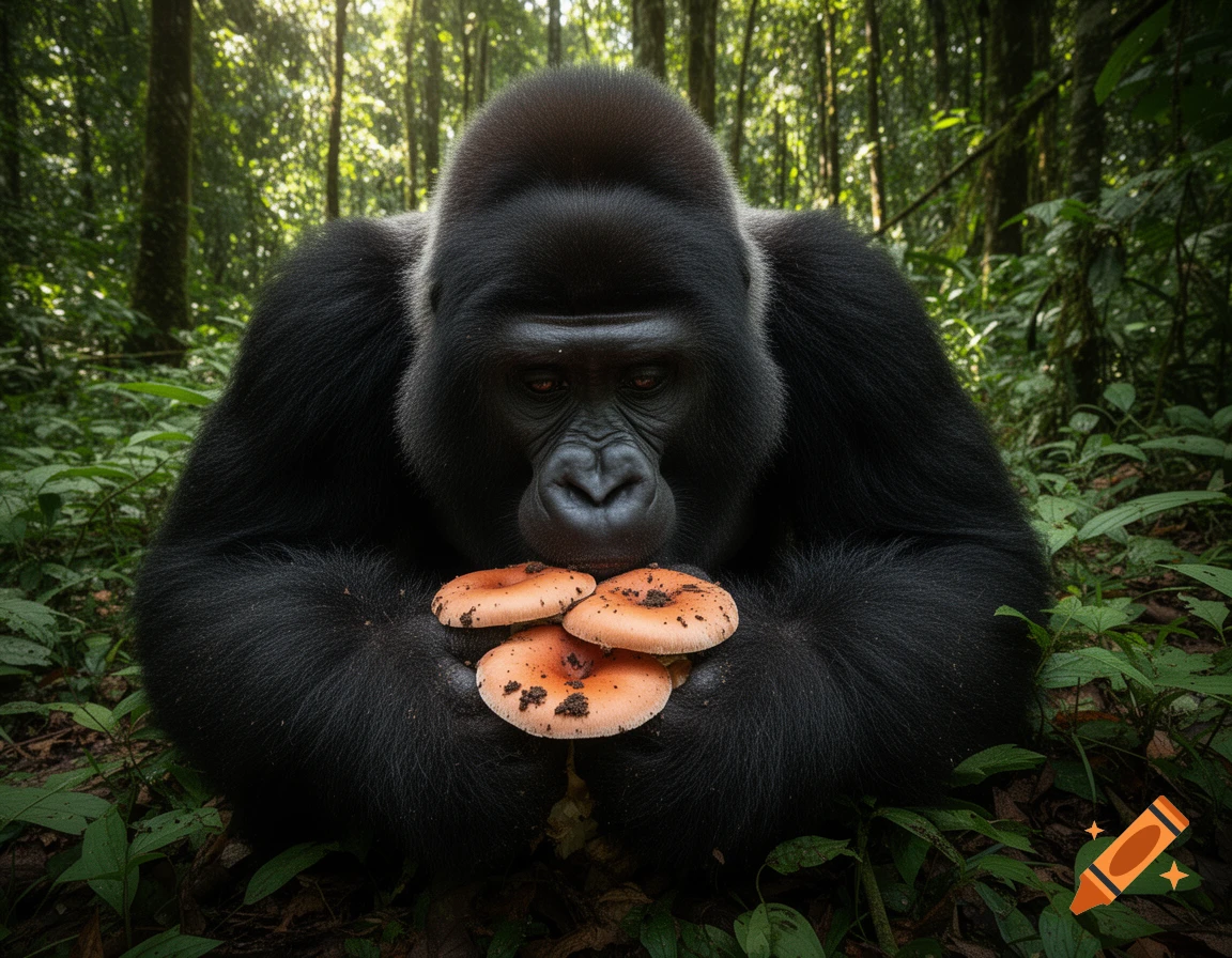 Photorealistic image of a mountain gorilla sitting in a lush forest, holding a cluster of orange mushrooms.