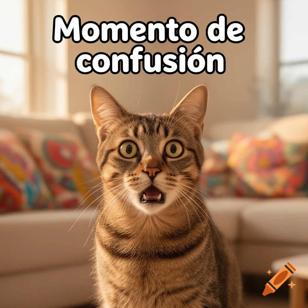 A wide-eyed tabby cat with its mouth slightly open, looking surprised or confused, with the text 'Momento de confusi 00f3n' above its head in a domestic setting.
