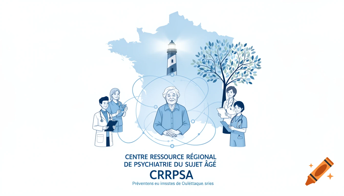 Vector illustration for a regional psychiatry center, featuring an elderly person, medical staff, a lighthouse on a map of France, and a tree, all connected by blue lines.