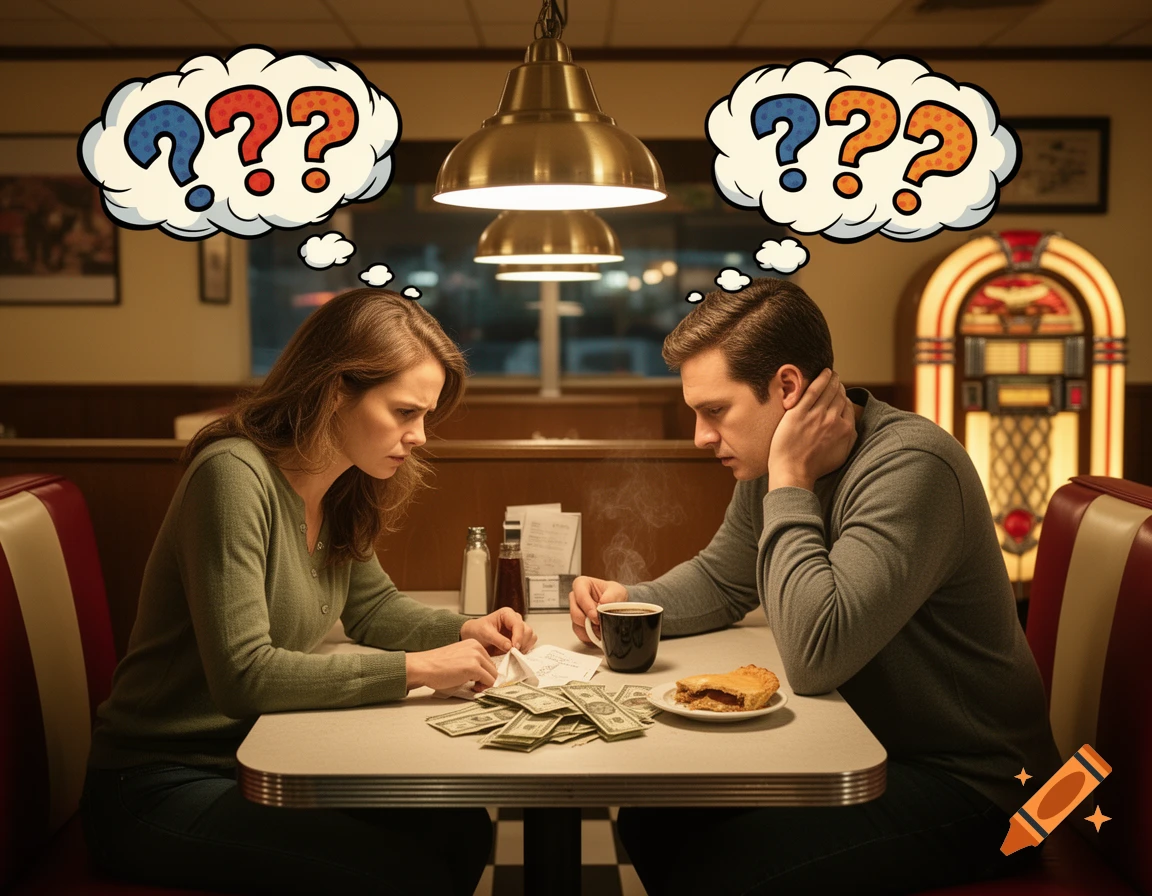 A worried man and woman sit at a diner table with money and bills, thought bubbles with question marks above their heads.