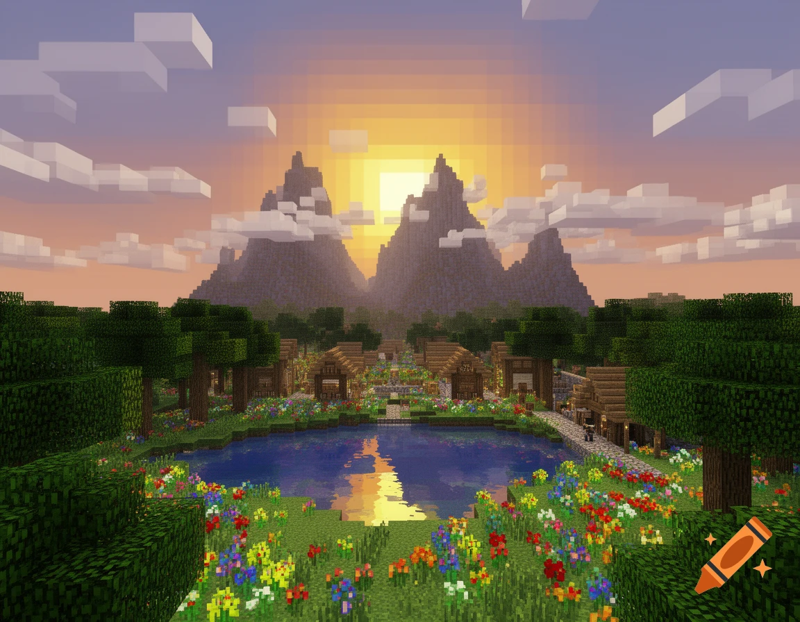 A vibrant Minecraft landscape features a village nestled by a lake, surrounded by colorful flowers, with blocky mountains and a sunset in the background.
