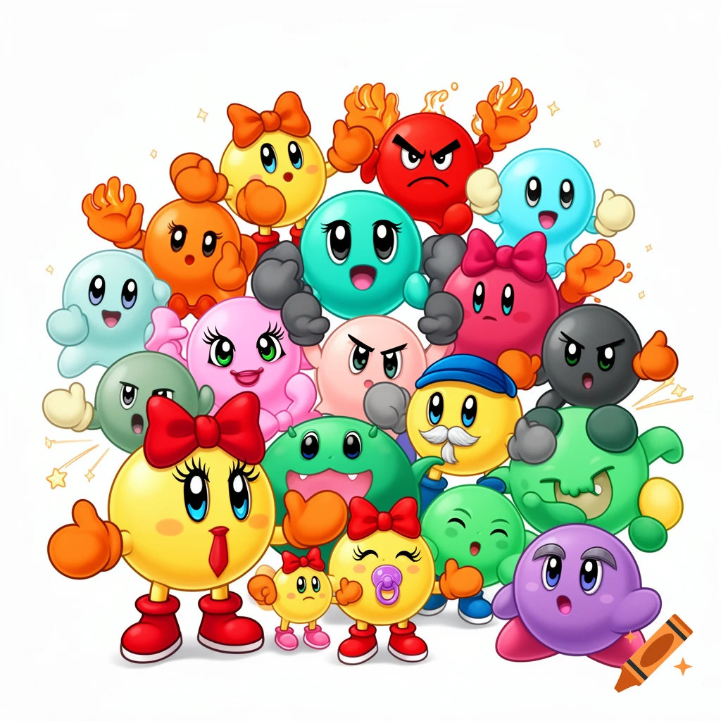 A crowded group of diverse, colorful, round cartoon characters resembling Pac-Man and Kirby, with different expressions and accessories, on a white background.