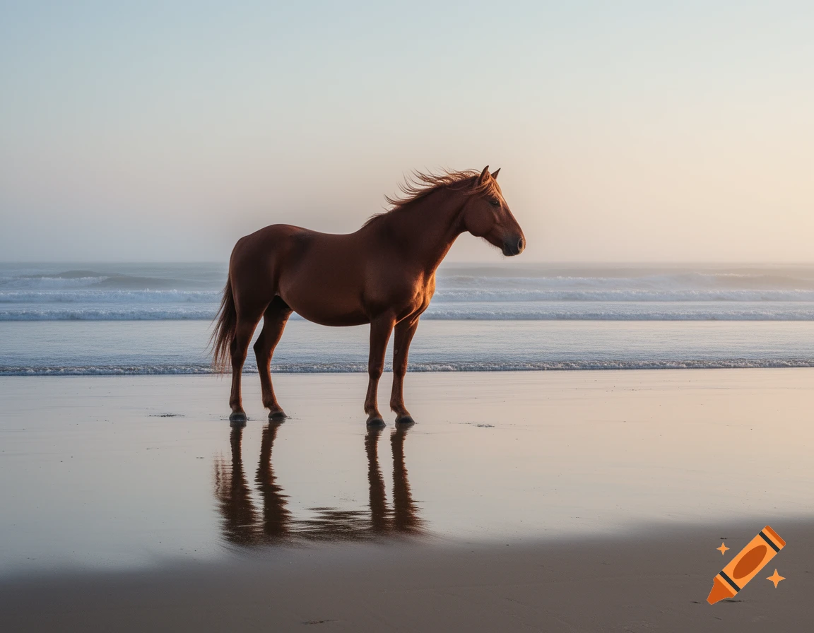 A brown horse stands on a wet sandy beach with ocean waves in the background, bathed in golden hour sunlight.