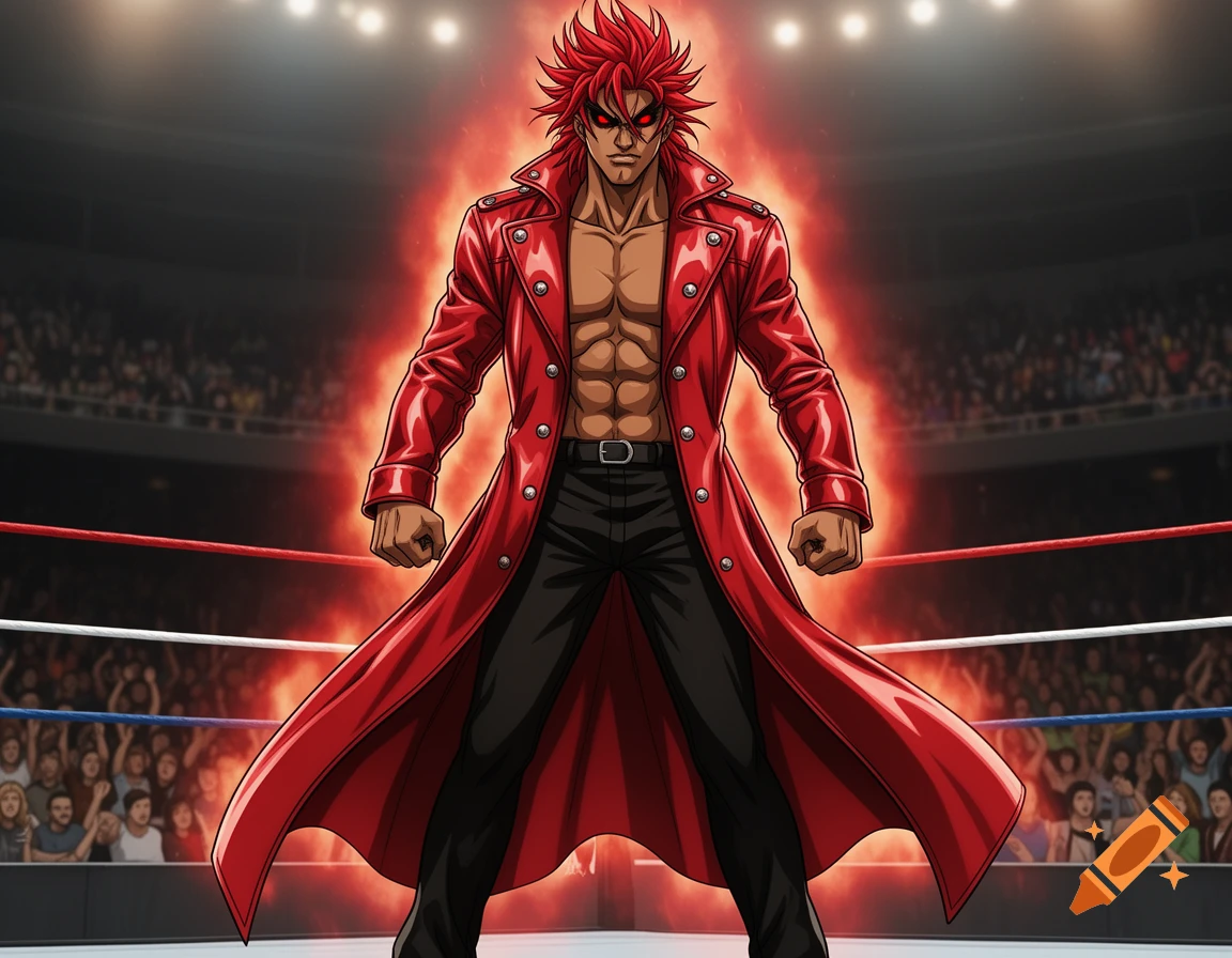 Anime-style male character with spiky red hair and red glowing eyes, wearing a red leather trench coat, standing in a wrestling arena.