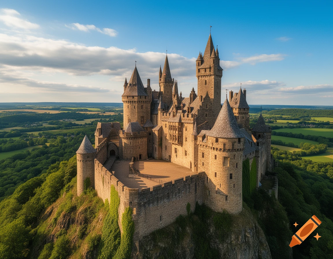 A majestic medieval castle with numerous towers stands on a rocky, tree-covered hill overlooking a vast green landscape under a blue sky with scattered clouds.