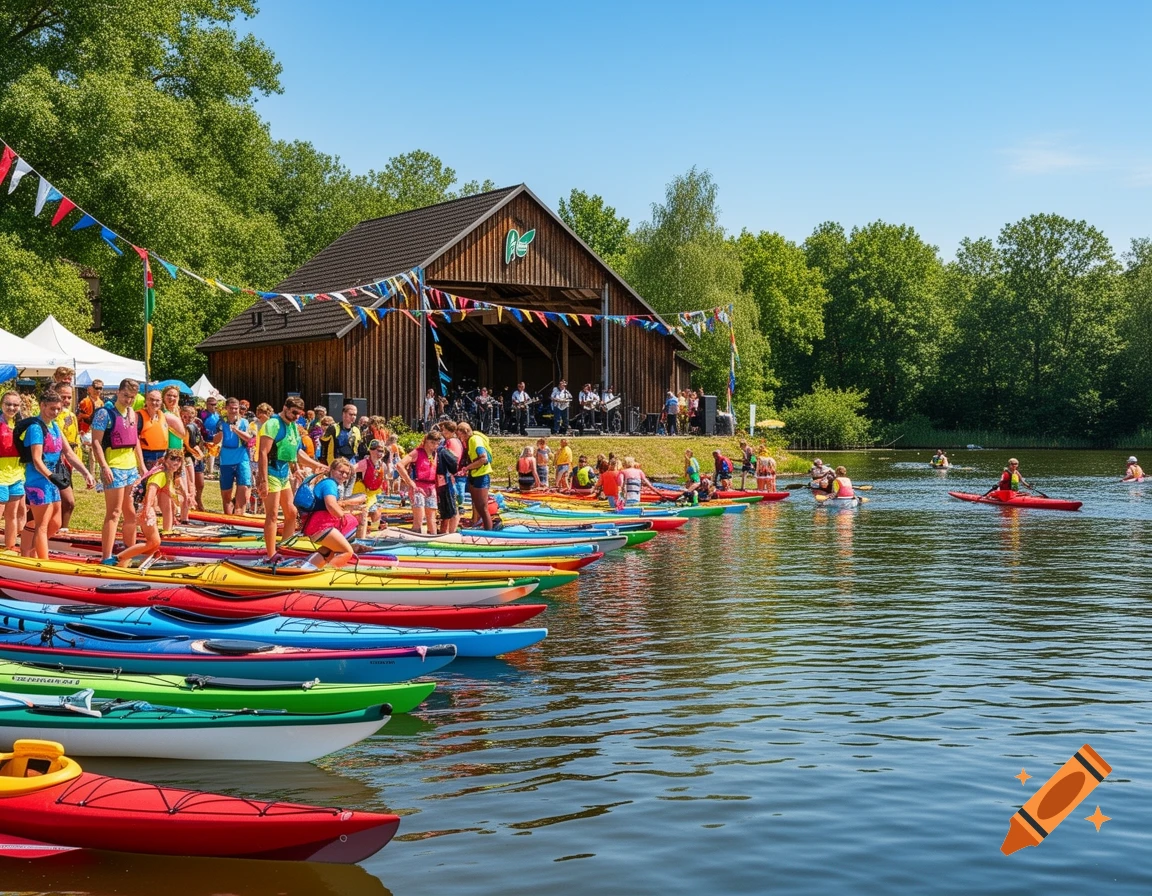 A summer festival scene with people in colorful kayaks at a boathouse next to a lake under a clear blue sky.