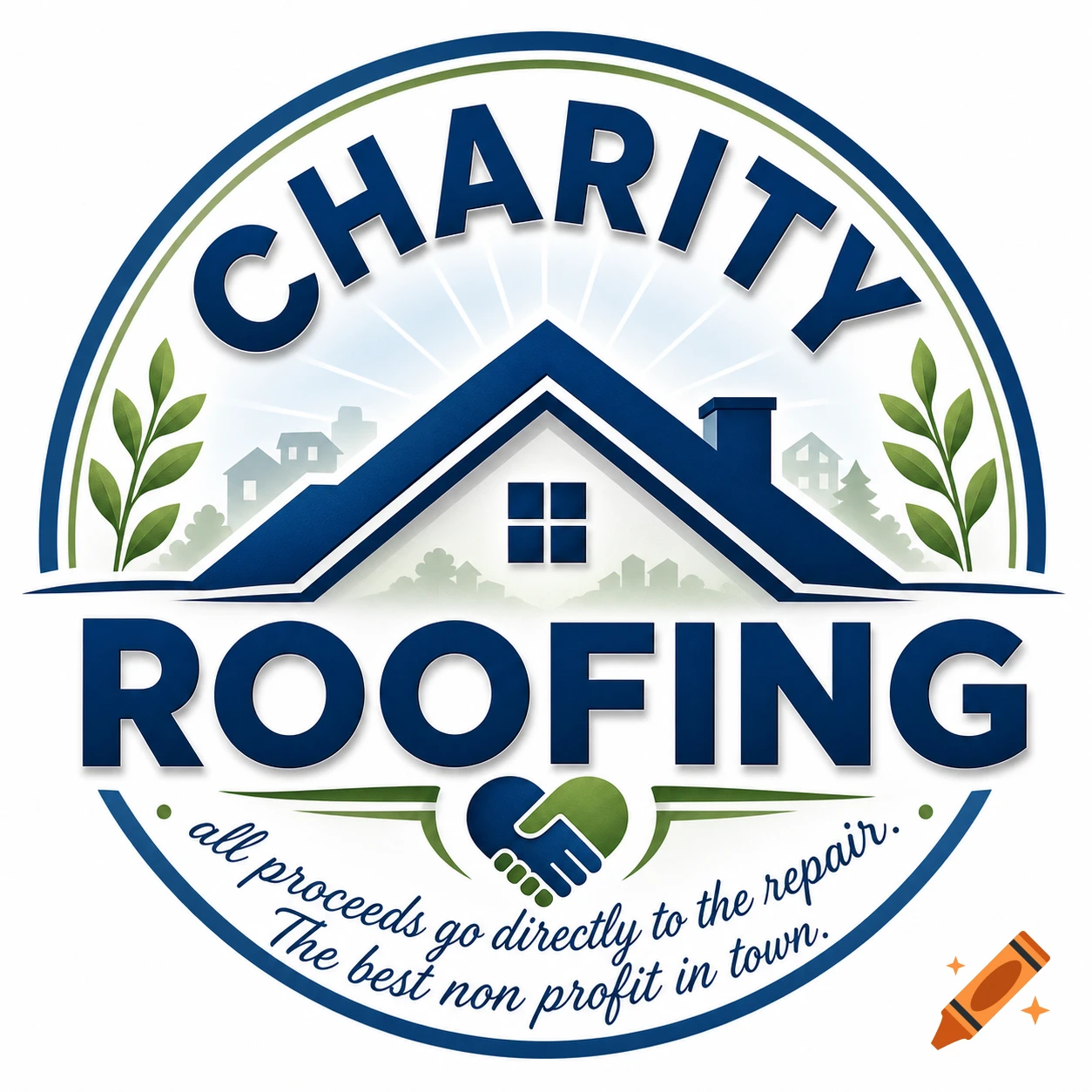 Circular logo for Charity Roofing featuring a blue house, green leaves, and two hands shaking. Text reads "CHARITY ROOFING" and the tagline "all proceeds go directly to the repair. The best non profit in town."