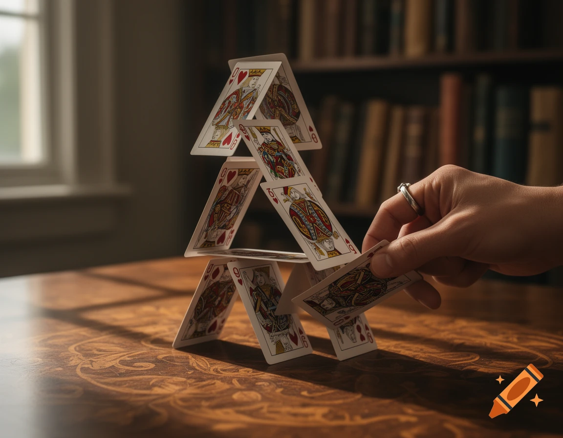 A hand with a silver ring carefully removes a playing card from a precarious house of cards on an ornate wooden table, with a bookshelf in the background.