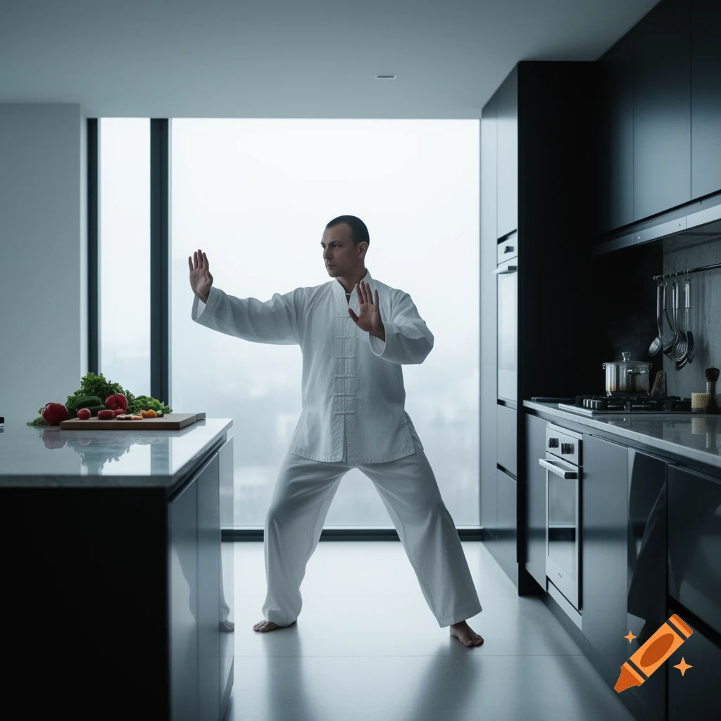 A man in a white martial arts uniform performs a pose in a modern kitchen with vegetables on the counter, photorealistic style.