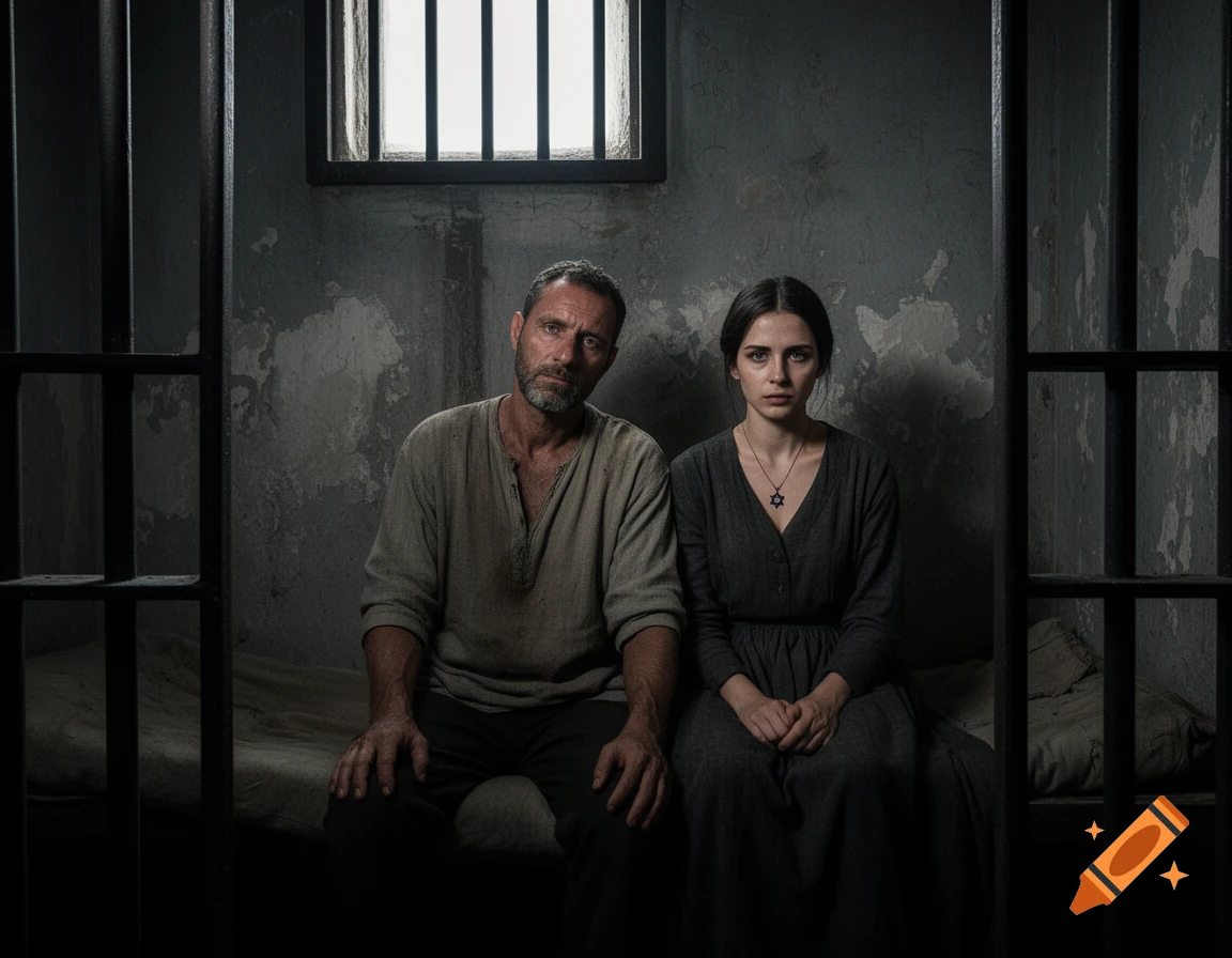 A man and woman with solemn expressions sit in a dimly lit prison cell, the woman wearing a Star of David necklace.