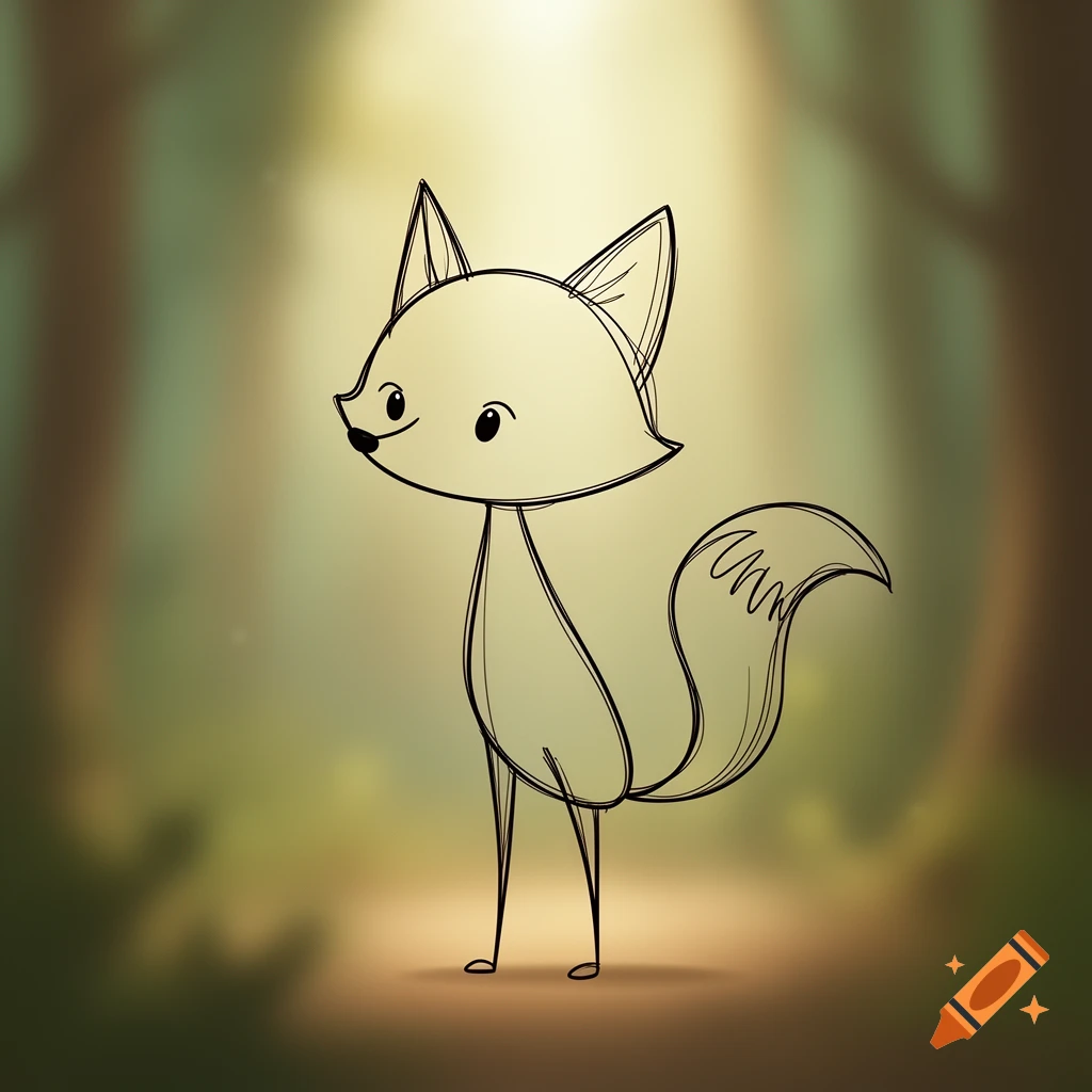 A simple line art drawing of a cute stick figure fox with a fluffy tail, standing in a soft, blurred forest.