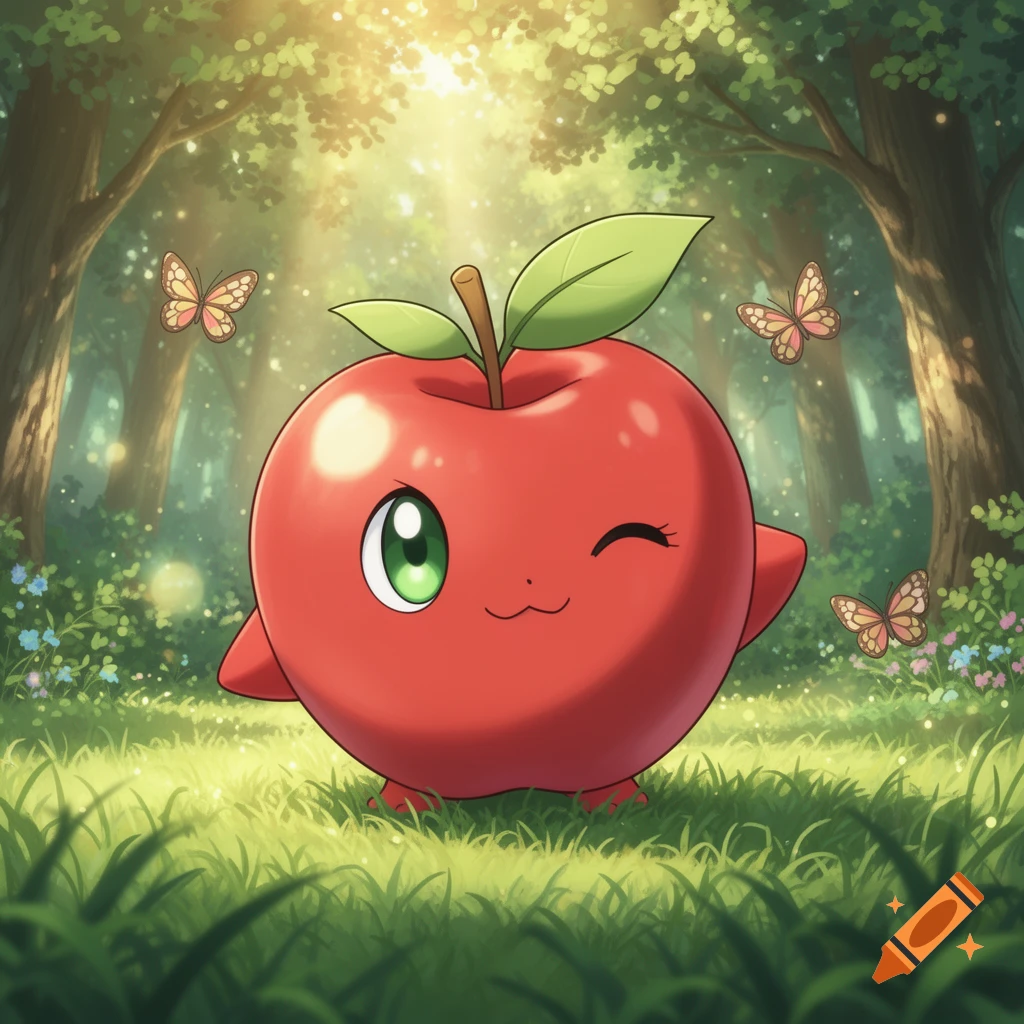 Cute anime-style red apple character winking in a sunny forest with butterflies.