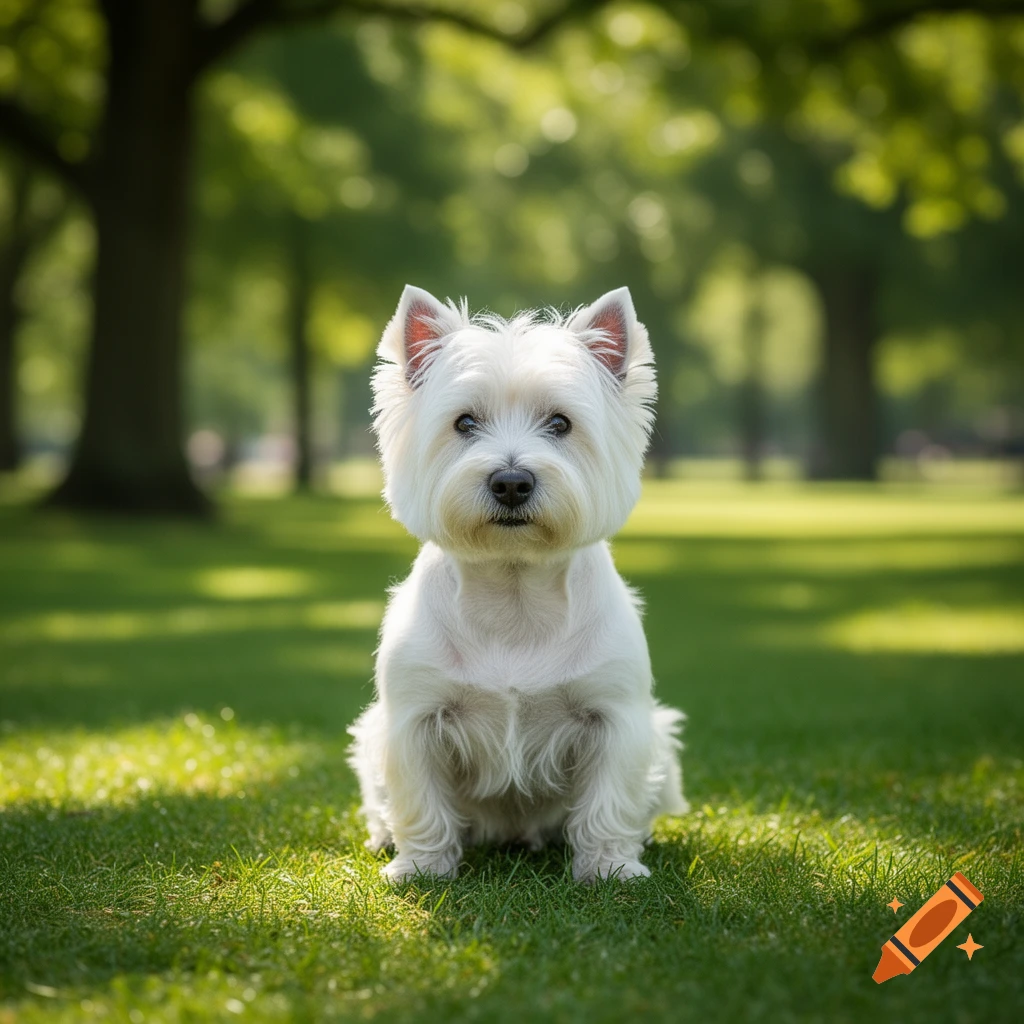 A white West Highland White Terrier dog sits on a green lawn in a sunlit park, looking forward.