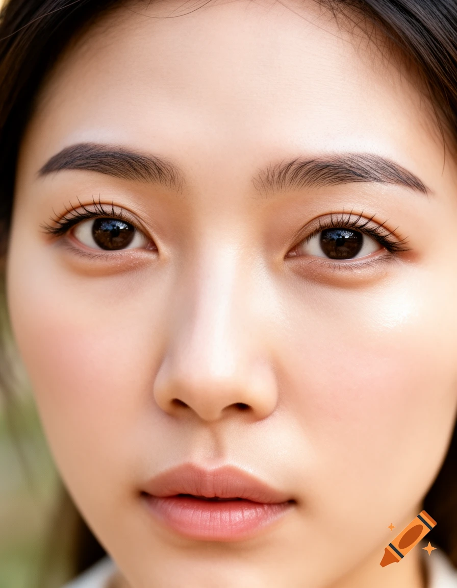 Close-up, photorealistic portrait of an Asian woman's face, focusing on her eyes and nose, with soft skin.