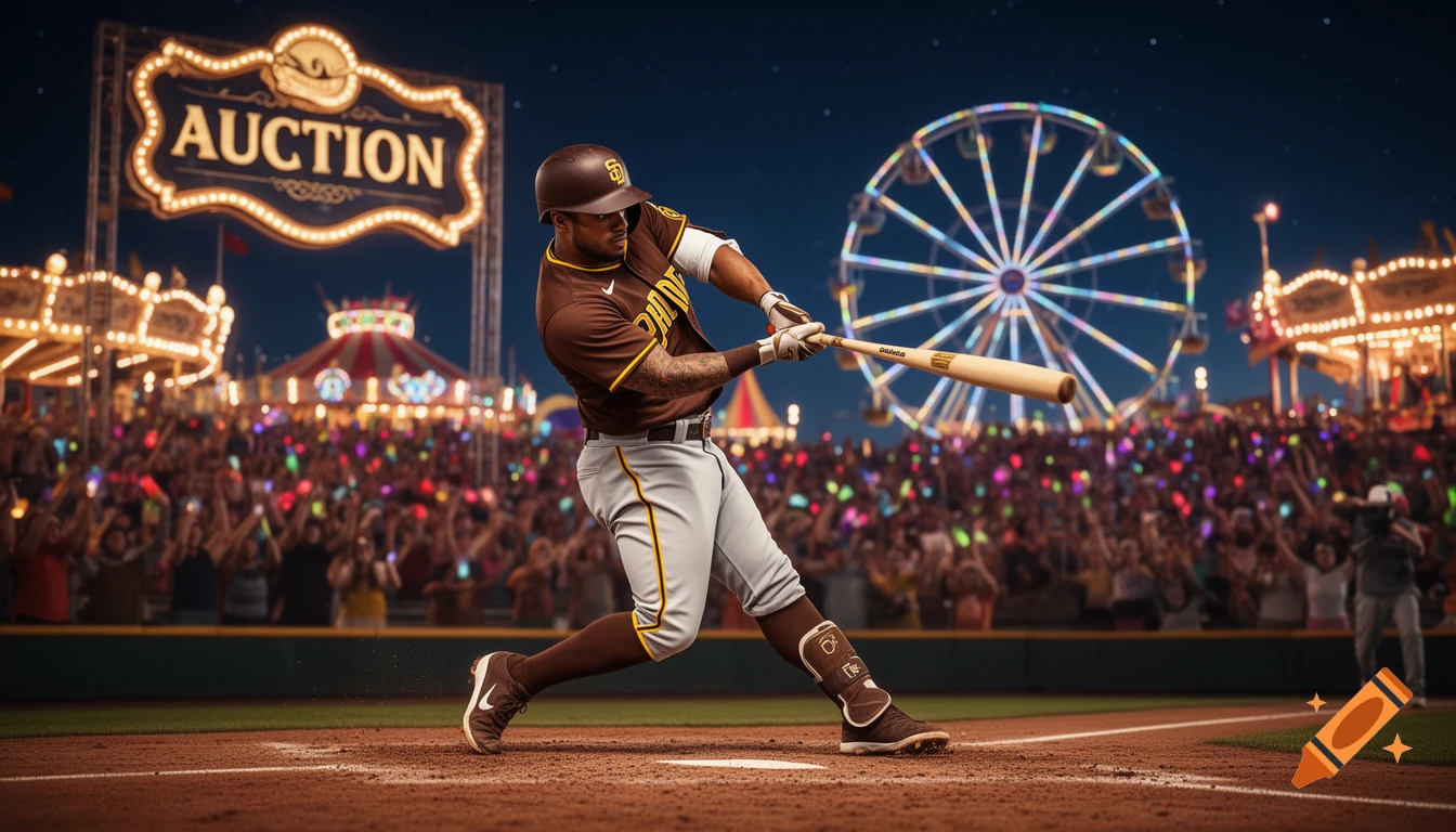 A baseball player in a brown and white uniform swings a bat on a field at night. In the background, a brightly lit carnival with an "AUCTION" sign and a Ferris wheel glows under the dark sky as a crowd watches.