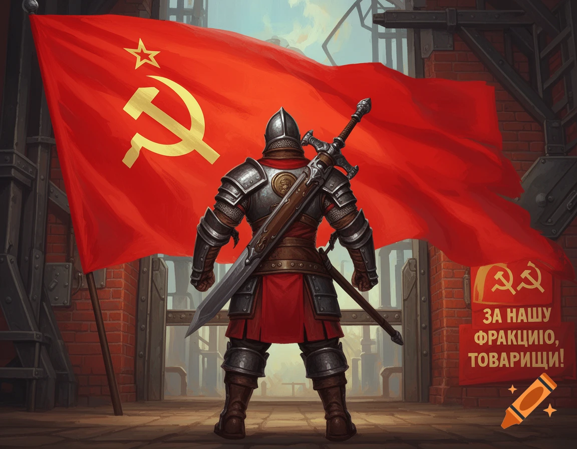 A knight in heavy armor stands before a large red Soviet flag with a hammer and sickle, with a propaganda banner on a brick wall.