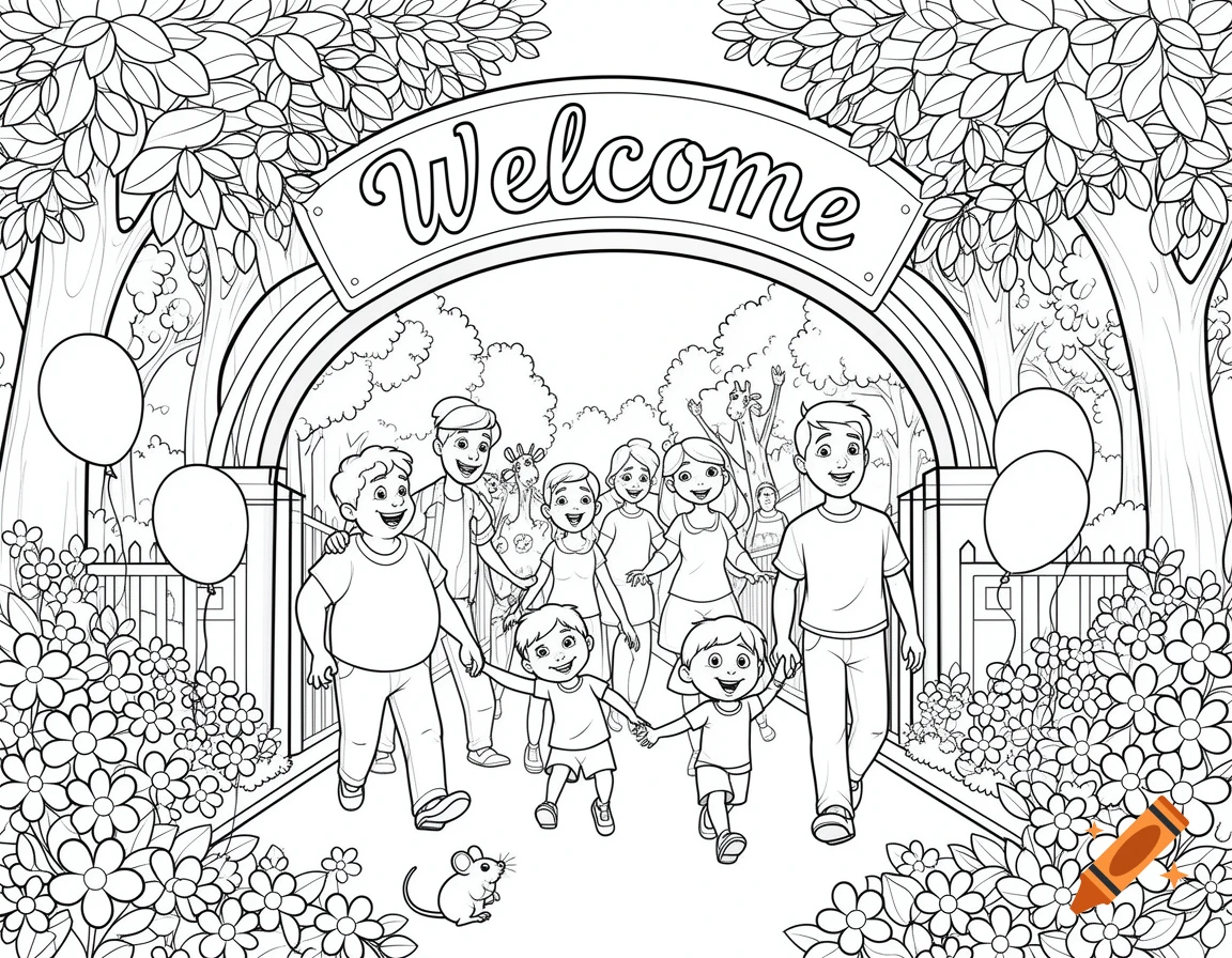 Black and white coloring page of happy families entering a zoo under a 'Welcome' sign, with flowers, trees, balloons, and a mouse.