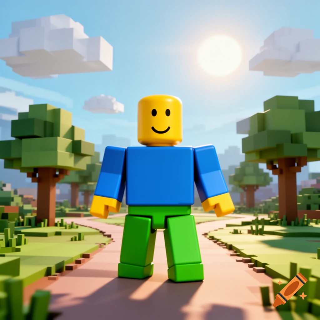 A 3D render of a Roblox "noob" character with a yellow head, blue shirt, and green pants, standing on a path in a sunny, blocky park.