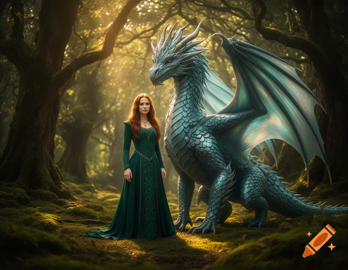 A woman in a green gown stands next to a large, blue-scaled dragon in a sunlit, mossy fantasy forest.