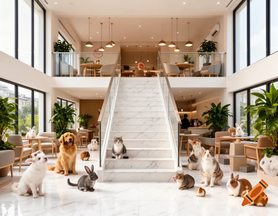 A photorealistic image of a modern, bright pet cafe with a marble floor and stairs, where various cats, dogs, rabbits, and guinea pigs relax.