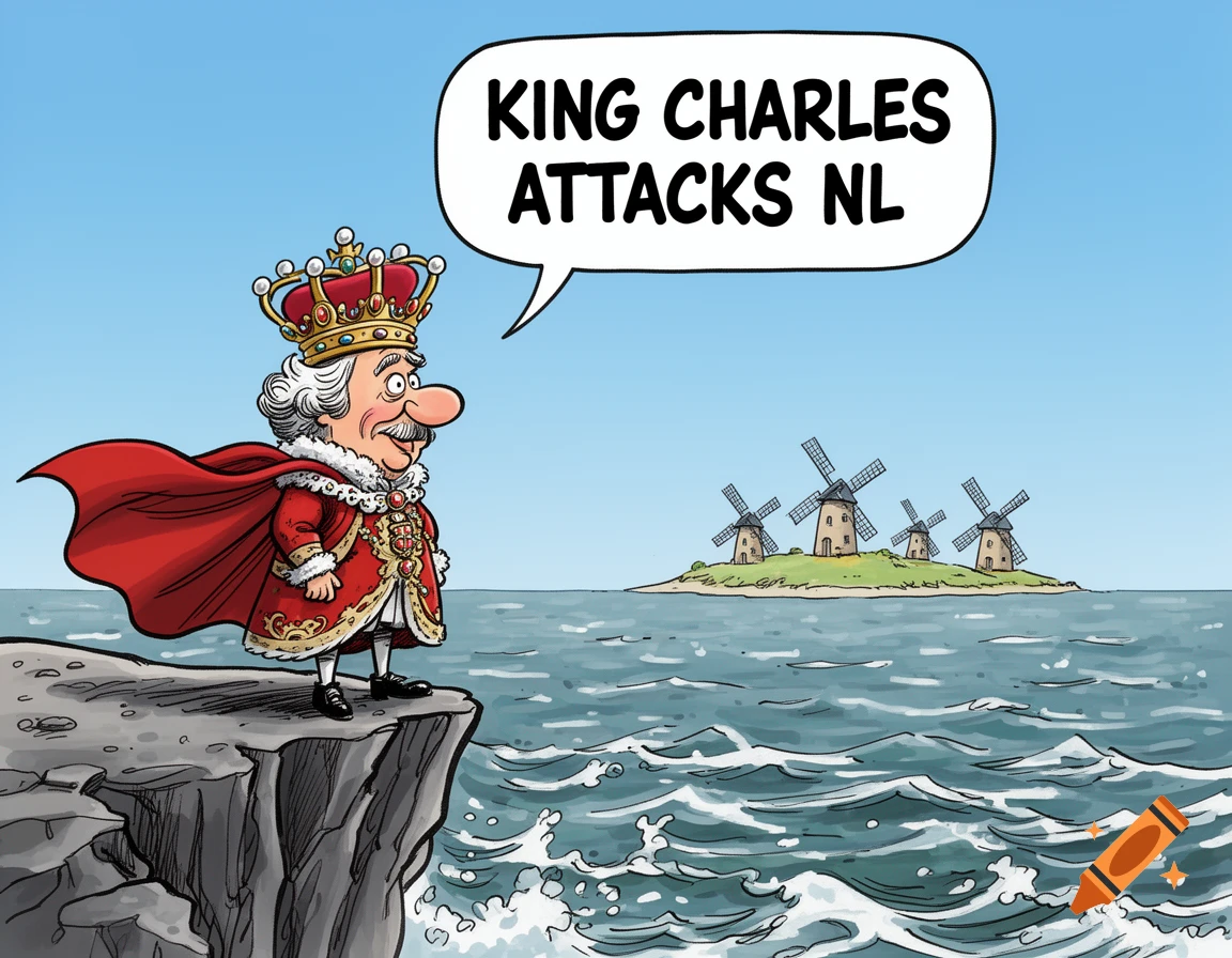A cartoon King Charles stands on a cliff, a speech bubble reads "KING CHARLES ATTACKS NL", looking at an island with windmills. Colorful comic book style.