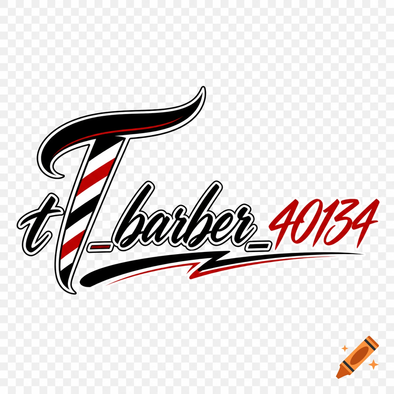 Red, black, and white logo featuring cursive 't_barber_40134' text with a barber pole striped 'T'.
