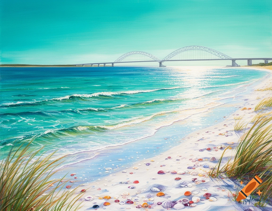 Acrylic painting of a sunny sandy beach with turquoise ocean waves, scattered seashells, and a distant bridge under a blue sky.
