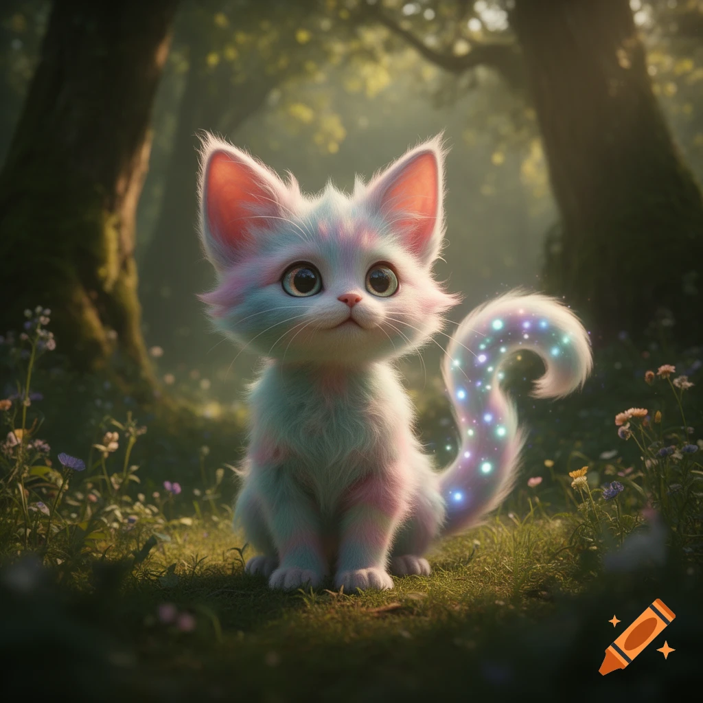 A cute, fluffy, pastel-colored kitten-like creature with big eyes and a glowing, sparkly tail sits in a magical forest.