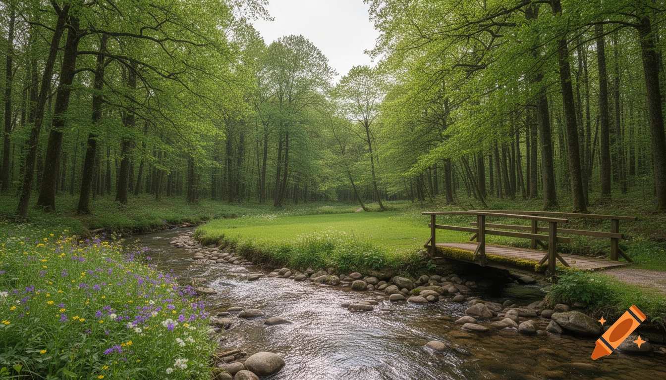 A vibrant green forest scene with a winding creek, a grassy glade, and a wooden bridge, wildflowers line the bank.