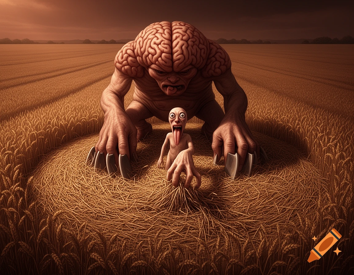 A grotesque brain-like monster crouches over a small, deformed humanoid with bulging eyes and a long tongue, within a crop circle in a surreal wheat field under a dark sky.