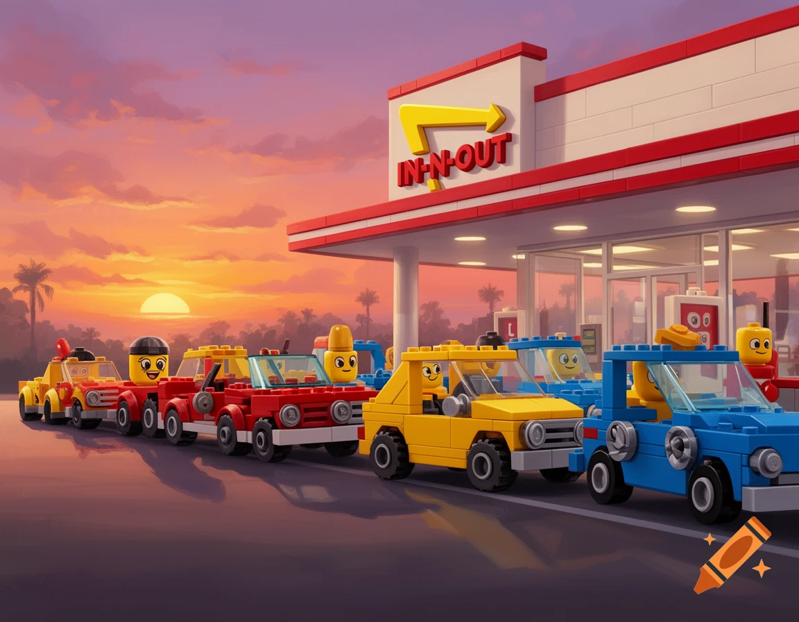 Lego-style cars lined up at an In-N-Out drive-thru during a vibrant sunset, digital art.