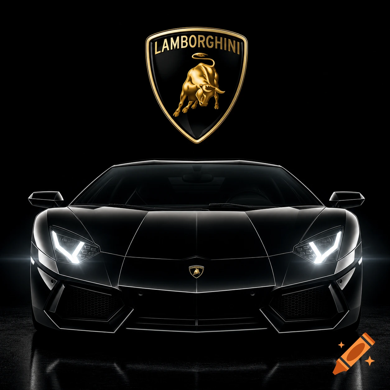 A black Lamborghini car with its headlights on, viewed from the front, with the gold Lamborghini bull logo floating above it against a dark background.