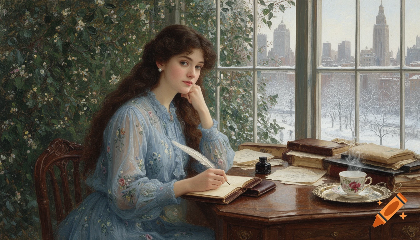 A serene woman with long dark hair, wearing a light blue dress, writes with a quill at a wooden desk. A snowy cityscape is visible outside a large window. Oil painting style.