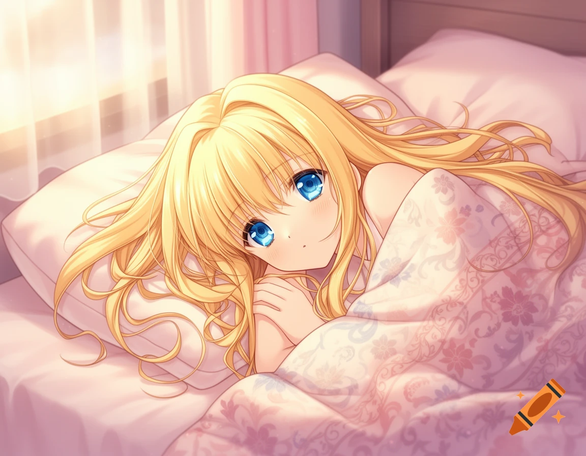 A blonde anime girl with bright blue eyes is waking up in bed, looking cozy under a patterned blanket with sunlight streaming in.