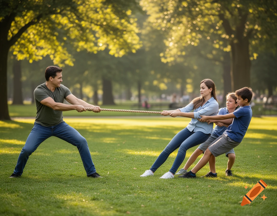 A family plays tug-of-war on a sunny green lawn in a park, photorealistic.