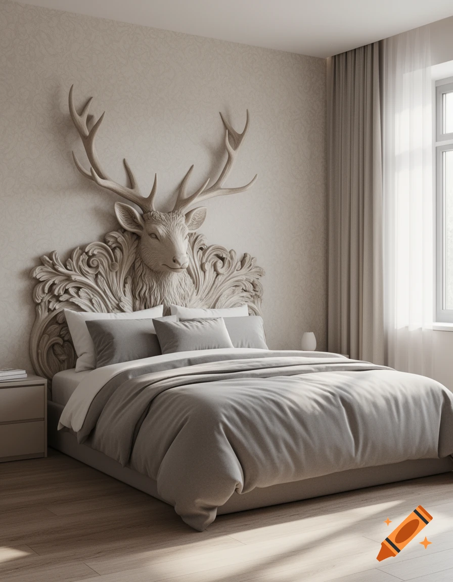 Modern bedroom with an ornate, carved deer head headboard. The bed has grey bedding, and sunlight streams through a window.