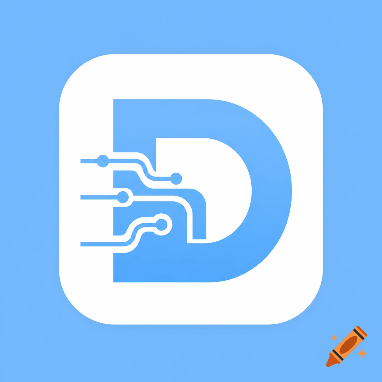 A modern minimalist app icon with a stylized light blue bold letter D and subtle data flow trace lines on a white square with rounded corners, set against a light blue background.